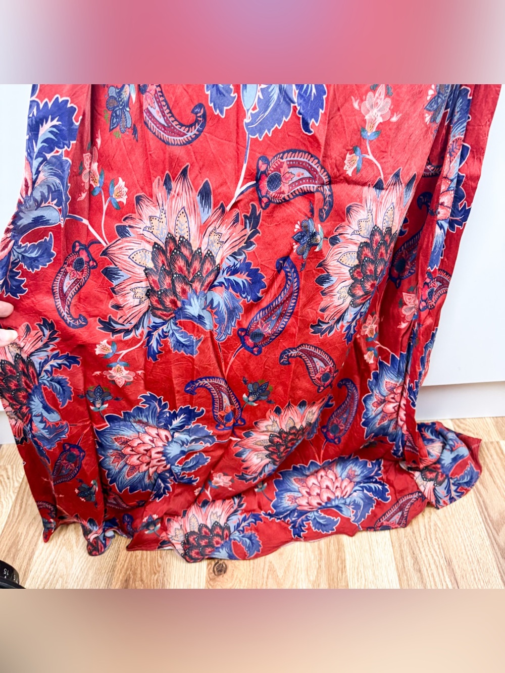 Farm Rio Luang Red Maxi Dress Blue Tropical Floral Bias Slip Resort Aloha Small - Picture 5 of 9